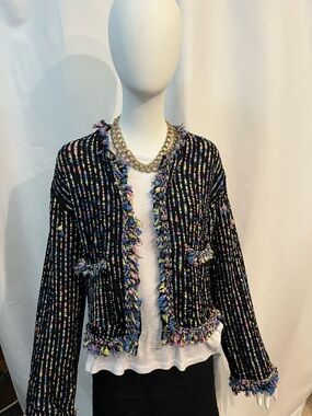 Zara Black Bouclé Fringe-Trim Open Jacket with Multicolor Accents